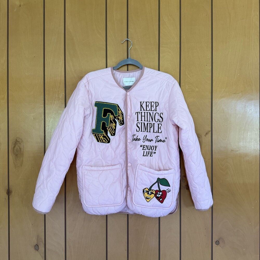 First Row Pink Puffer Jacket Size Small Embroidered Varsity Style Long Sleeve